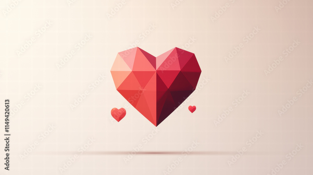Poster geometric heart design in deep ruby tones with smaller hearts. perfect for romantic themes and moder