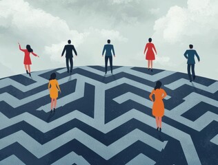 Group of People Navigating a Complex Maze Under Cloudy Sky