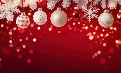 Festive Christmas Illustration with Snowflakes, Stars, and Lights on Red Background. Ideal for Holiday Cards and Decorations