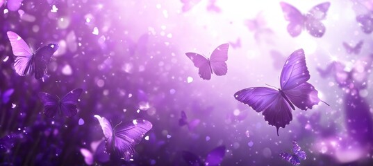 Purple butterflies flying with bokeh, dreamy vibe.