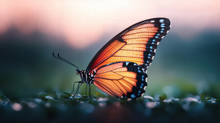 Obraz premium vibrant butterfly with intricate orange and black wings rests on green foliage, showcasing its delicate beauty against soft, blurred background