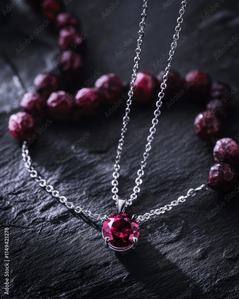 Poster silver chain necklace with ruby gemstone on dark slate with red berries.