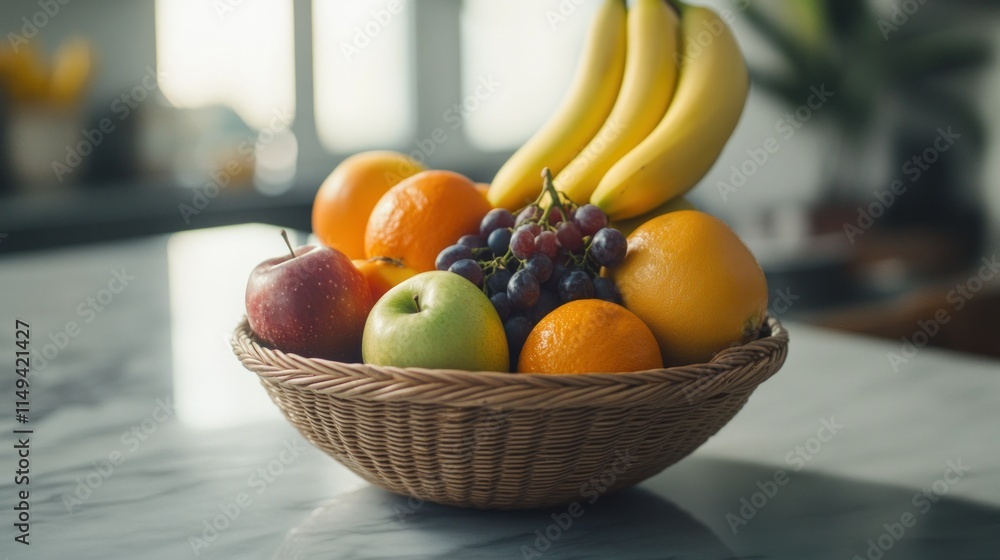 Poster assorted fruit in a basket on a counter.