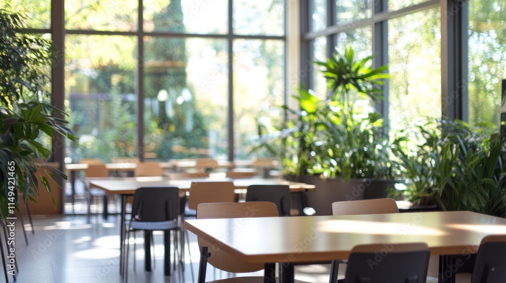 Poster blurred indoor view of tables and plants.