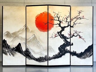 Handpainted room divider with Asianinspired designs, decorative partition