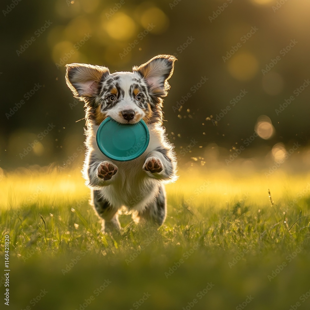 Poster cute puppy running with a frisbee on the grass in sunset.