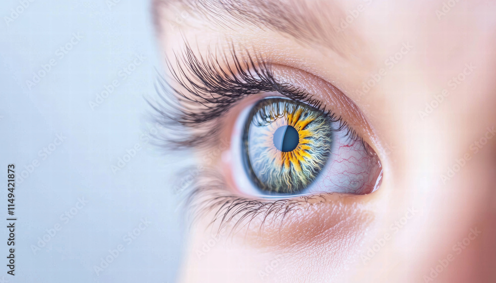 Poster close up of vibrant human iris showcasing intricate details and colors, reflecting light beautifully