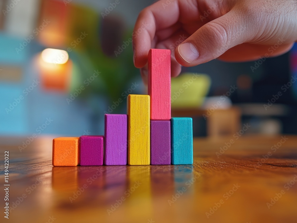 Aufkleber Hand stacks colorful blocks like rising bar chart.
