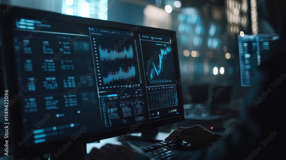 Aufkleber Person types on keyboard looking at trading graphs on multiple computer screens.