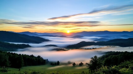 Layers of mist enveloping a valley at sunrise, ethereal landscape