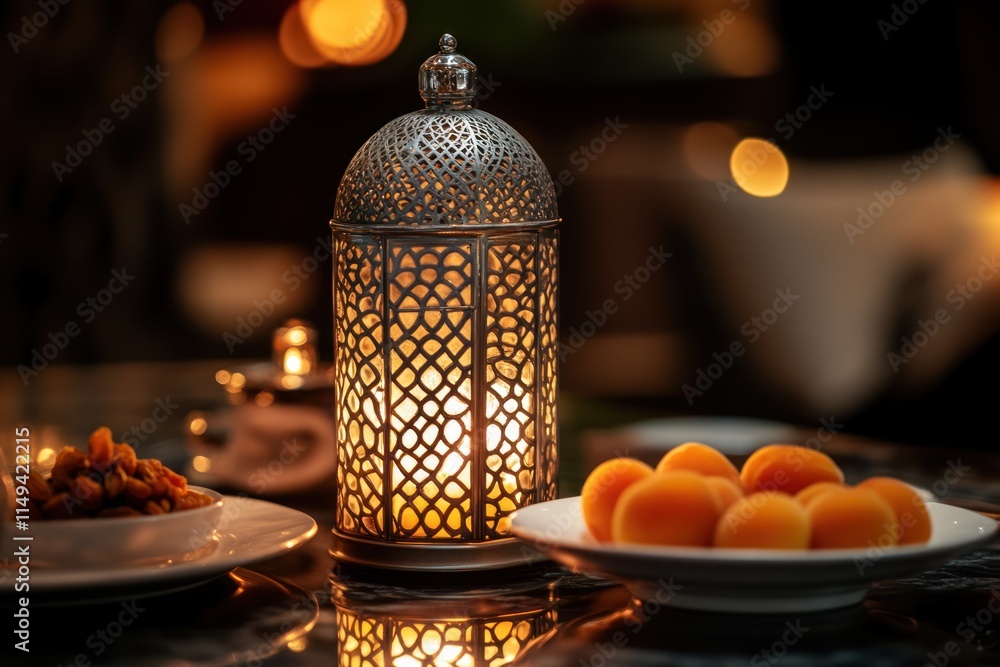 Poster ornate lantern on table with dried fruit and apricots.