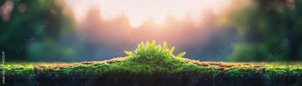 Poster lush green moss with vibrant sprouts illuminated by soft sunlight, creating serene and tranquil atmo
