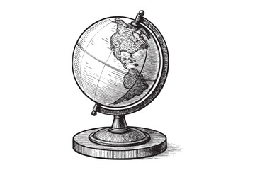 globe on a wooden stand engraving vector illustration