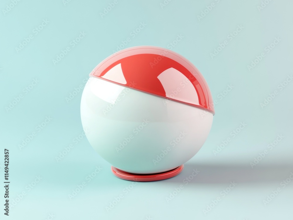 Poster 3d render of a red and white sphere on a light blue background.