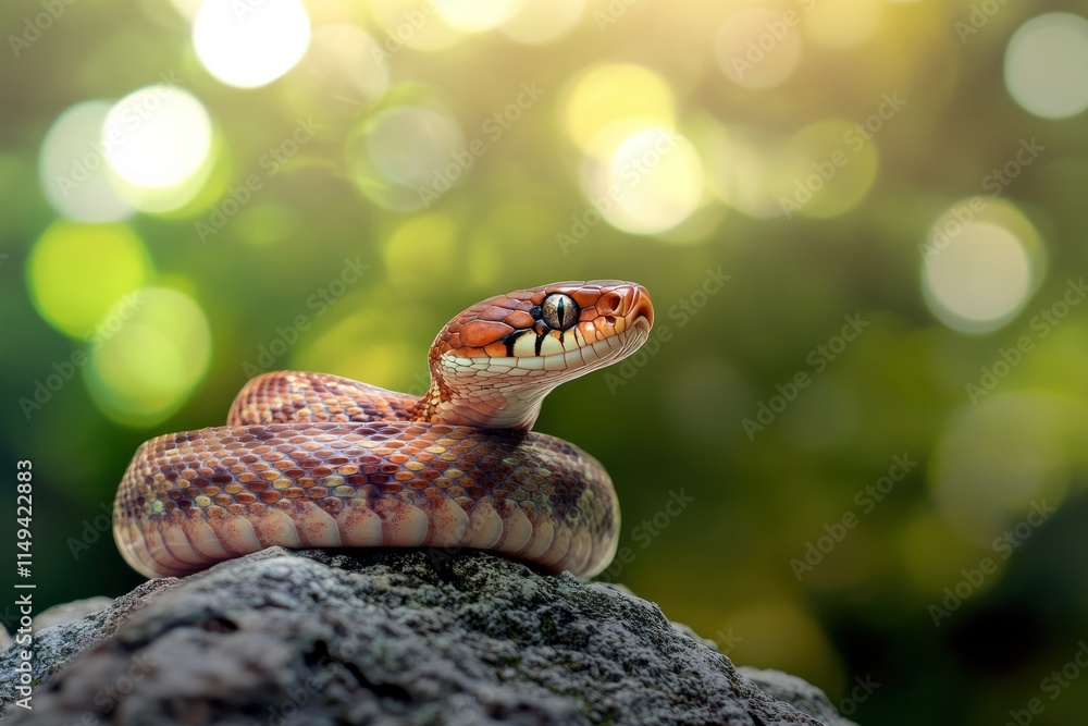 Poster brown snake curled on rock with bokeh background.