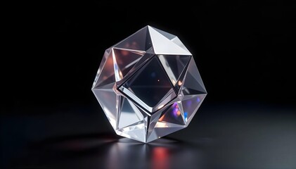 Clear Glass Geometric Sculpture with Facets and Reflections Against Dark Background
