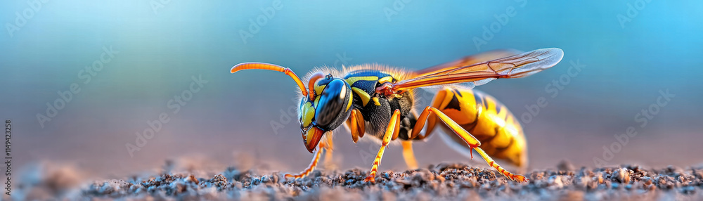 Poster close up view of wasp showcasing its intricate features and vibrant colors. image captures wasp deta