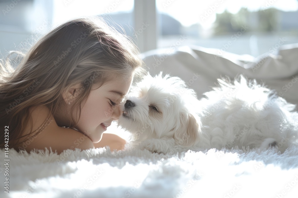 Poster smiling girl with puppy nuzzling on soft blanket.