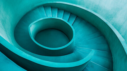 Fototapeta premium Spiraling staircase with a modern design and unique teal color in a minimalist setting