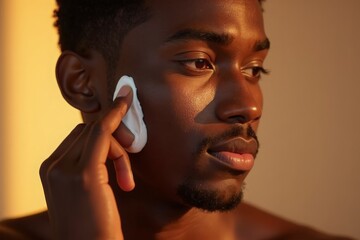 Close-up portrait of a young African man applying skincare cream on his face in warm golden lighting.