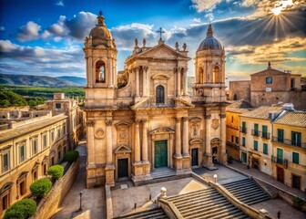 Obraz premium Noto Sicily Church San Carlo Baroque Architecture Facade Sunny Day Sicilian Cityscape