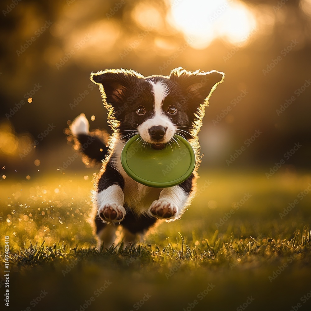 Poster border collie puppy runs with a frisbee in mouth.