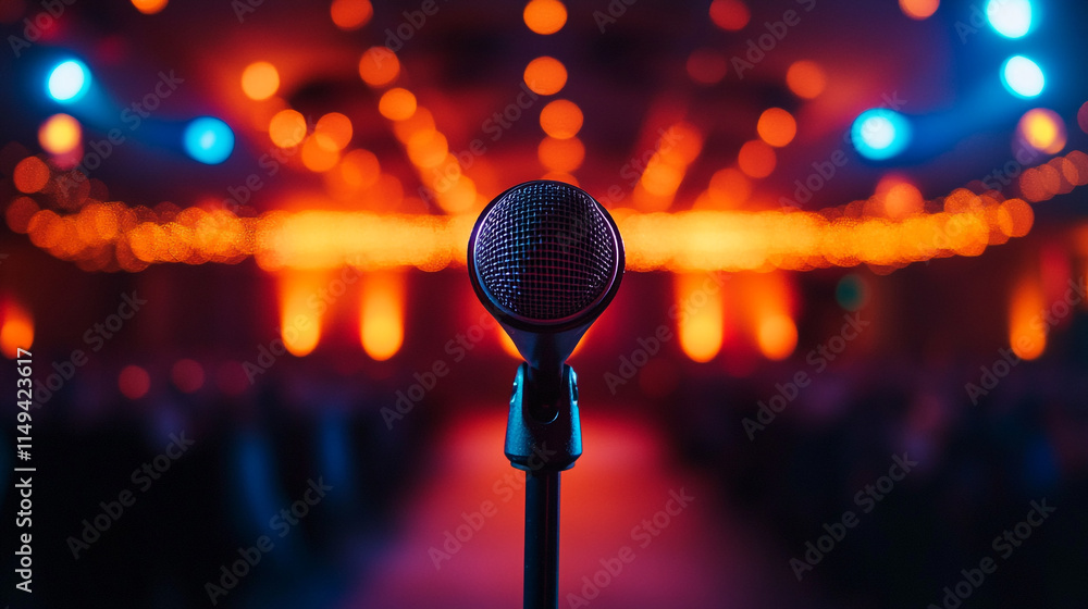 Poster microphone stands in a vibrant setting ready for a performance event.