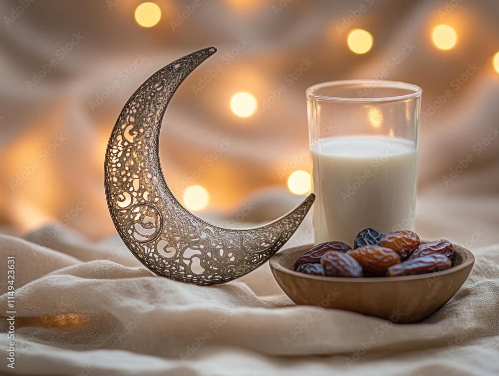 Poster ramadan moon, milk, and dates on fabric with bokeh lights background.