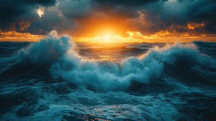 Fototapeta premium Dramatic ocean waves at sunset, powerful nature.