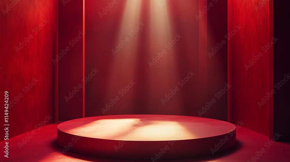 Poster red stage setting with dramatic lighting for performance or event.