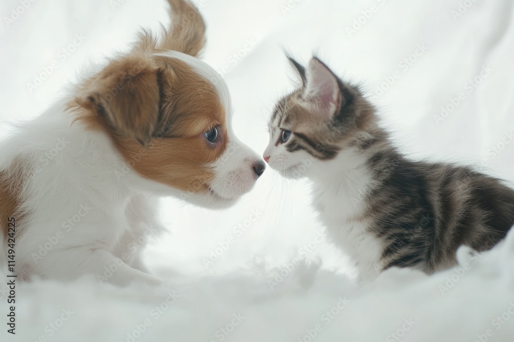 Poster puppy and kitten face each other on soft white surface.