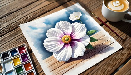 Fototapeta premium Watercolor art of white flower with purple and pink accents against blue sky