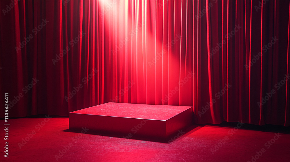Poster red stage setup with spotlight under theatrical curtains in a performance space.