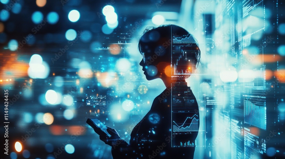 Aufkleber silhouette of person using phone, data visualization, blue bokeh lights.