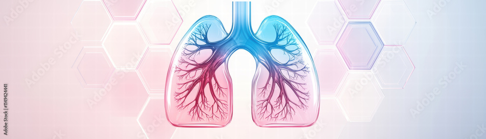 Poster visual representation of lungs with intricate branching patterns in blue and pink hues, set against 