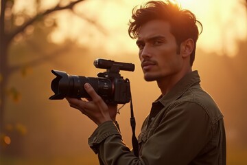 Fototapeta premium Photographer holding professional camera in golden sunset light, wearing casual military-style jacket. Side profile captures artistic intent and technical expertise against warm backlit nature setting
