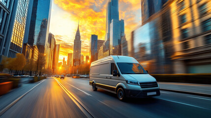 Naklejka premium Delivery van moving fast on city street at sunset. Urban environment with tall buildings. Rapid transport in busy city. Commerce, logistics in action. Modern vehicle in motion. Busy street with