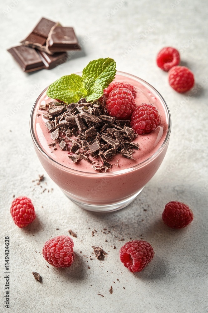 Poster raspberry dessert with chocolate and mint.