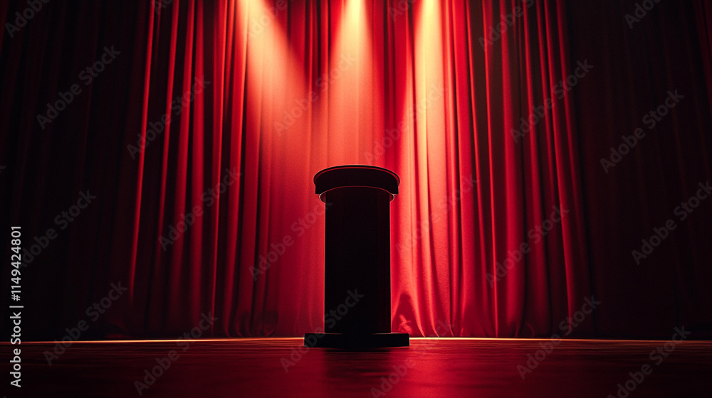 Poster stage set for a performance with a podium and red curtains in a dimly lit venue.