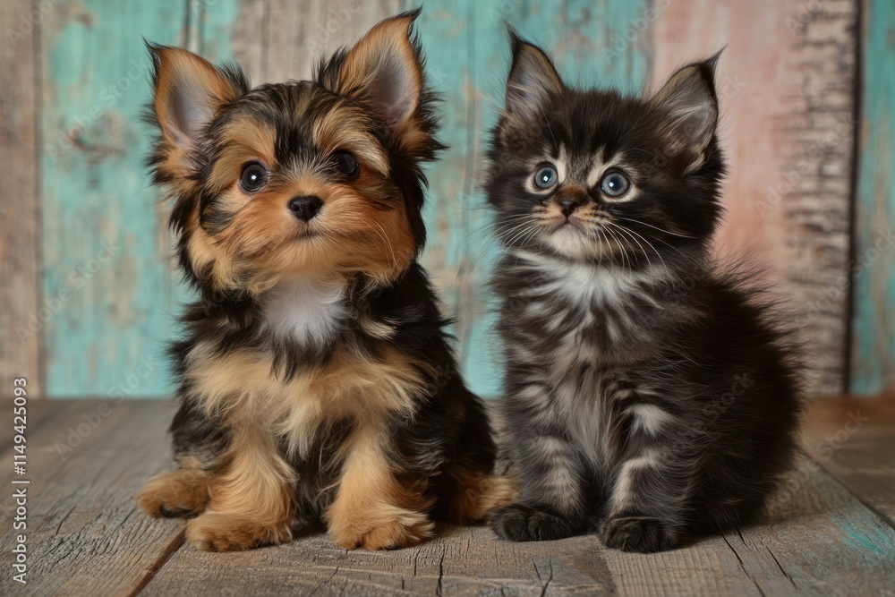 Poster puppy and kitten sitting next to each other.