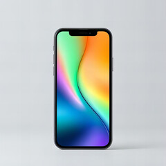 Modern smartphone with vibrant colorful gradient screen display on a minimalist light gray background
