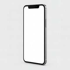 Modern smartphone with blank white screen in perspective view on a minimalist light gray background
