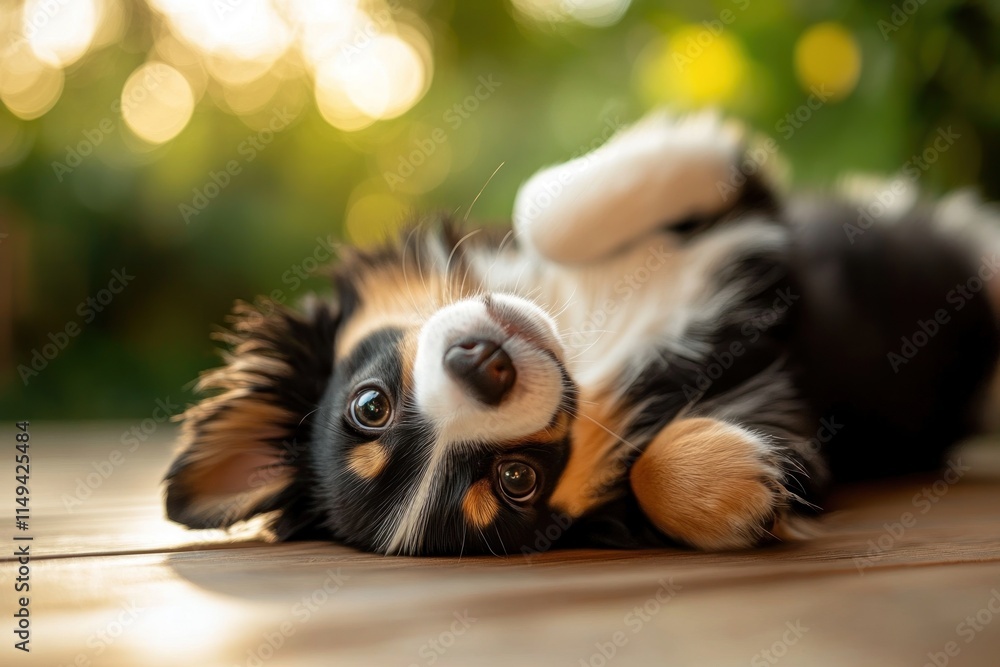 Poster adorable puppy lying on its back, playful expression, sunlight bokeh background.