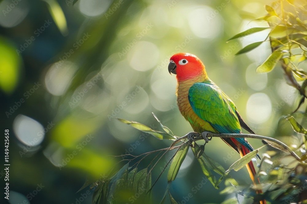 Poster colorful parrot perched on branch with blurred bokeh background.