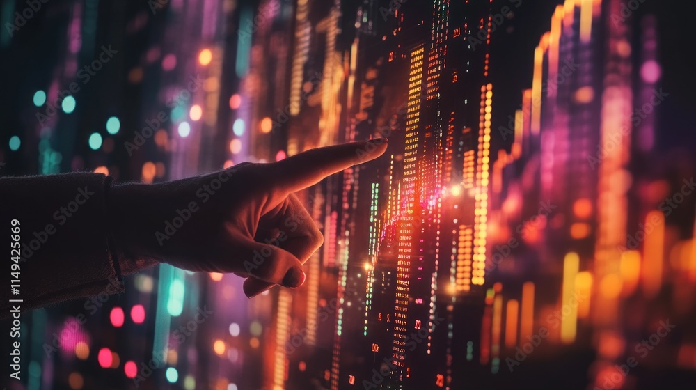 Poster hand touches glowing data matrix on screen.