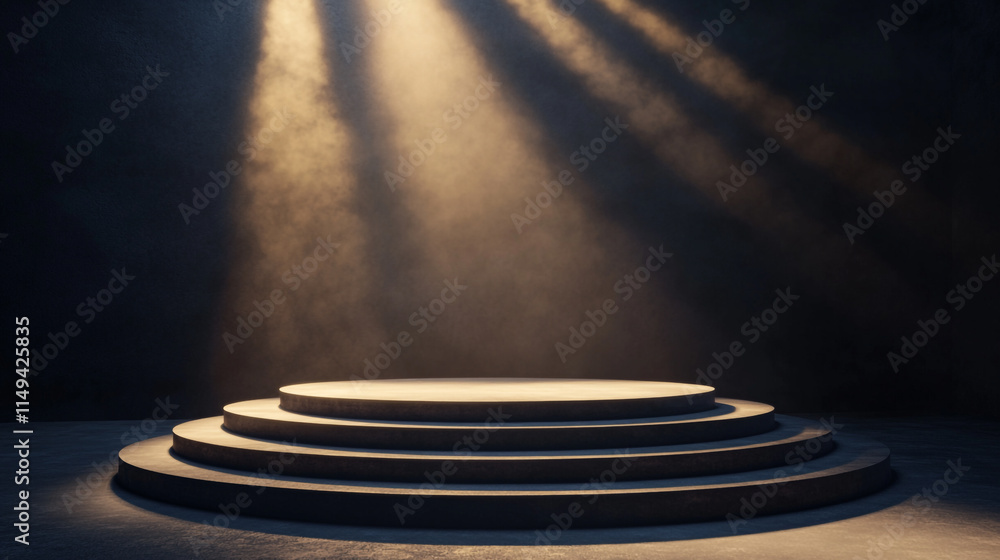 Poster stacked circular platforms illuminated by dramatic lighting in a dark space.