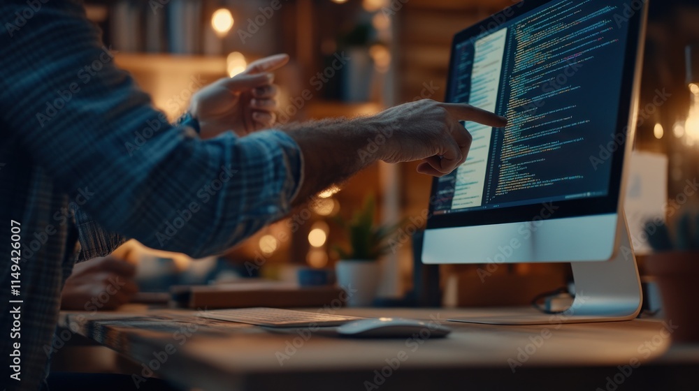 Poster Person coding on desktop, hand points at screen.