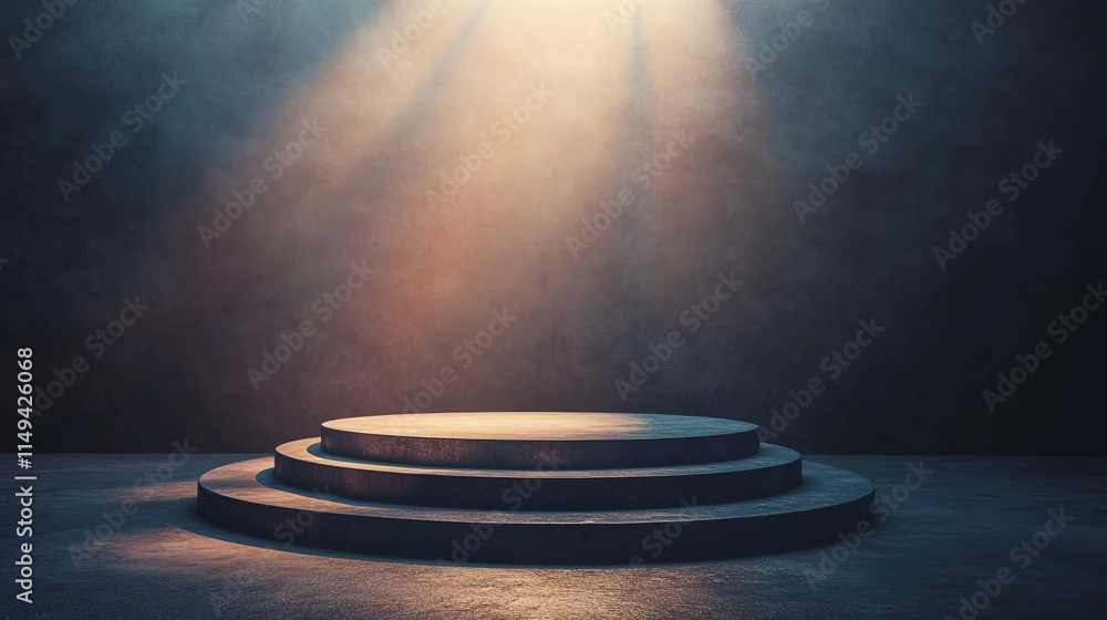 Poster light beams illuminate a circular stage in a dimly lit space.
