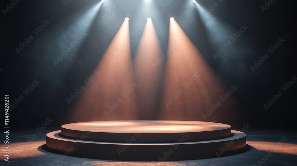 Poster spotlights illuminate a circular stage for a performance in a dark setting.