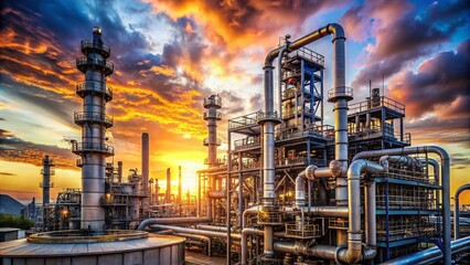 Fototapeta premium Oil Refinery, Petroleum Processing Plant, Industrial Photography, Energy Production, Crude Oil, Fuel, Petrochemical, Refinery Equipment, Industrial Facility, High-Resolution Image